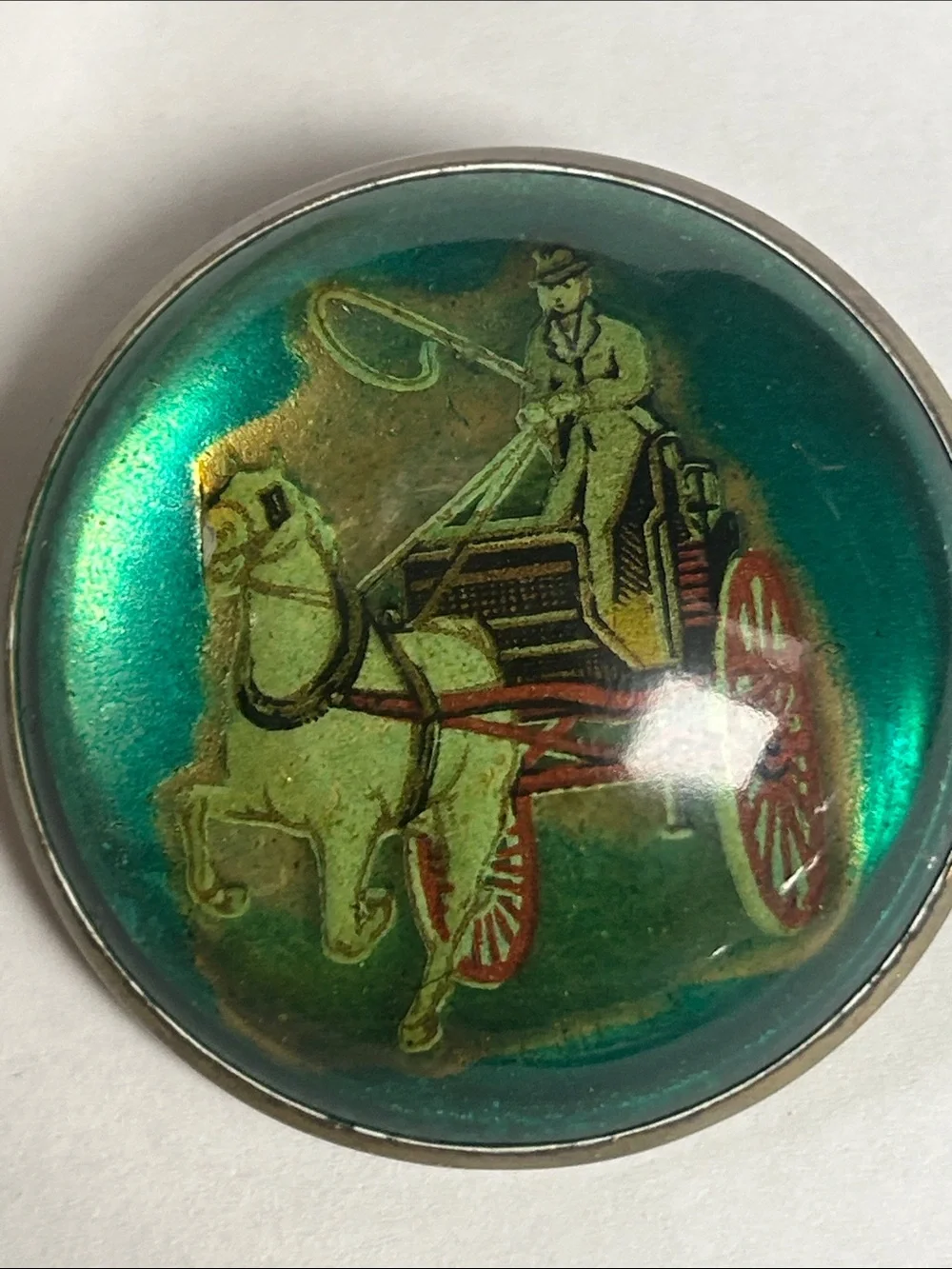 Vintage Green Horse & Carriage Glass Bridle Brooch